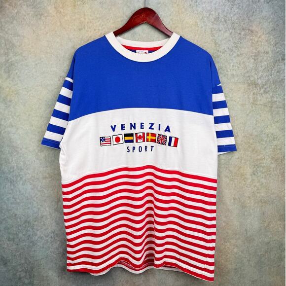 VTG 90s Venezia Sport World Flag T Shirt Sz XL Striped Blue Red White flags - Picture 1 of 8